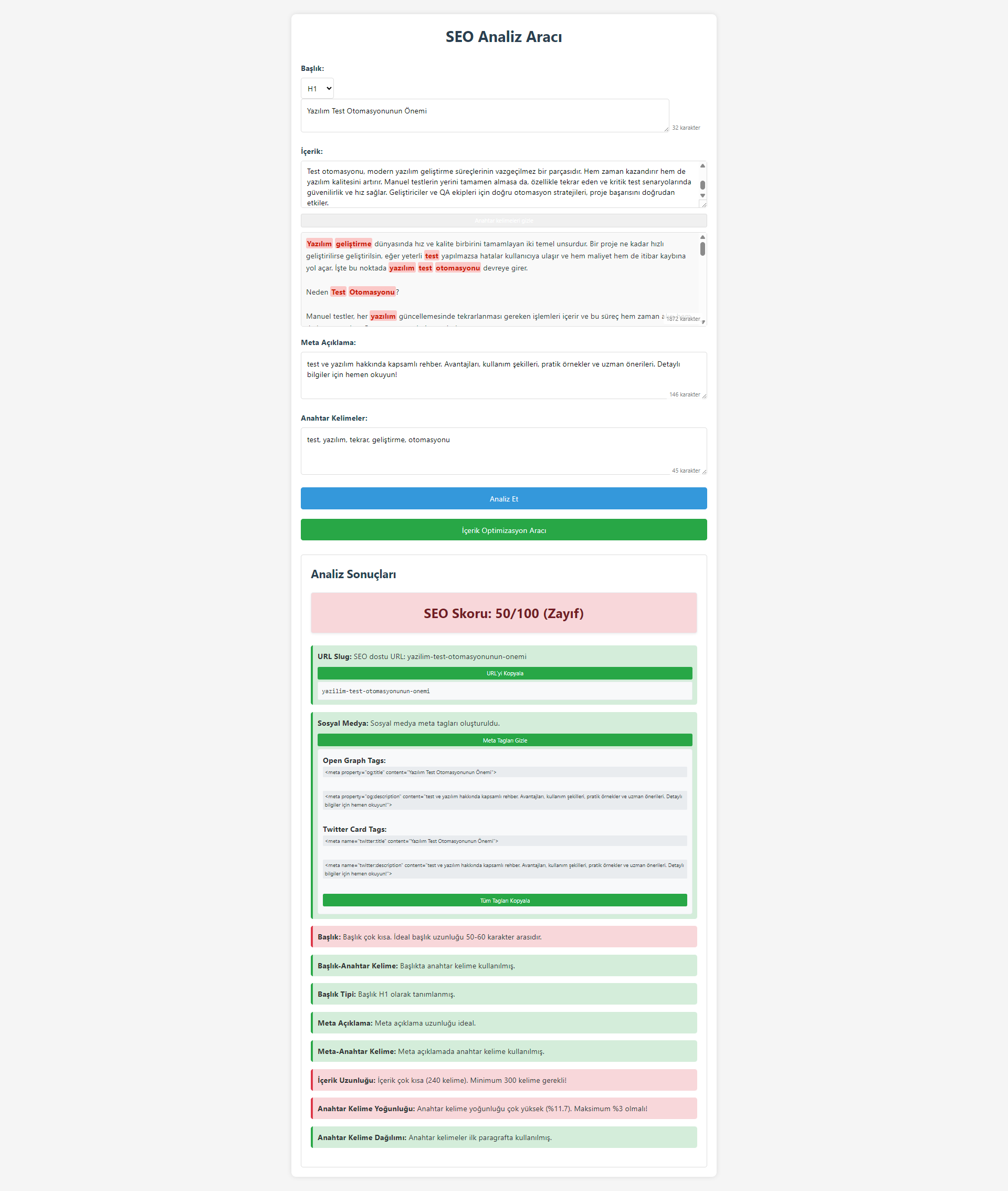 SEO Analiz Aracı – Yazını Optimize Et, Etkini Artır!